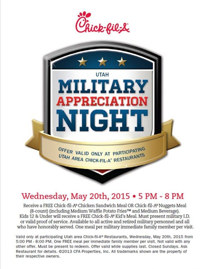 Chick-fil-A Military Appreciation Night. May 25th. Free Meals for ...