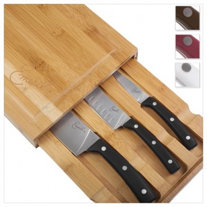 emeril 3 piece bamboo cutting board with storage drawer and 3 piece all purpose steel knife set