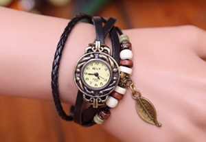 leather wrap vintage wrist watch with leaf
