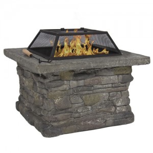 Elegant 29 Outdoor Patio Firepit w Iron Fire Bowl, Stone Base, & Mesh Cover