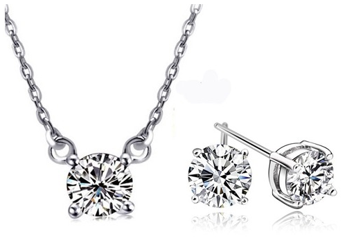 Solitaire Brilliant-Cut CZ Necklace and Earring Set in 18K White Gold Finish