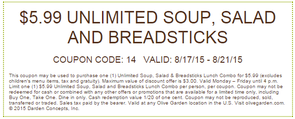 Olive Garden 5 99 Unlimited Soup Salad Breadsticks Lunch