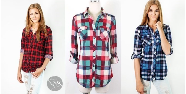 Jersey Style Plaid Button Down Top