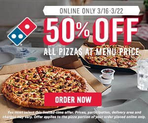 Domino S Pizza 50 Off All Pizzas At Menu Price Online Only