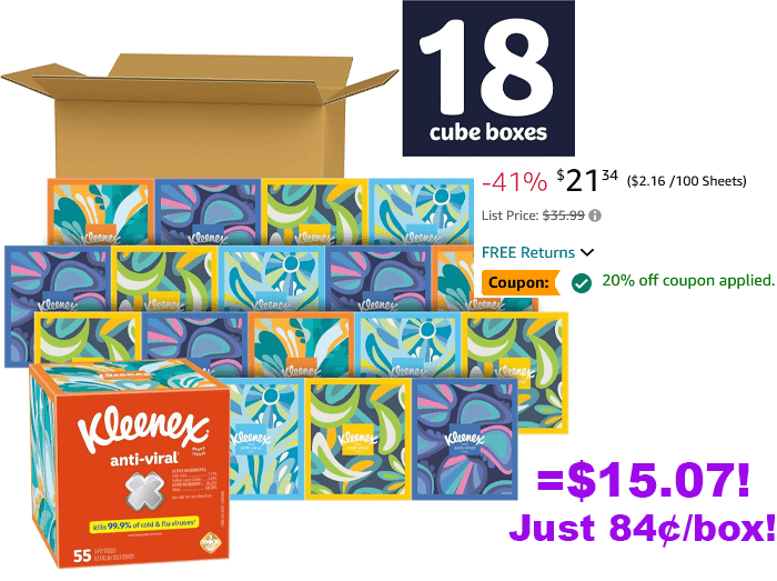 Kleenex AntiViral Facial Tissues, 18 Cube Boxes for 15.07 (Reg 35.99