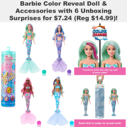 Barbie Color Reveal Doll & Accessories with 6 Unboxing Surprises for $7 ...